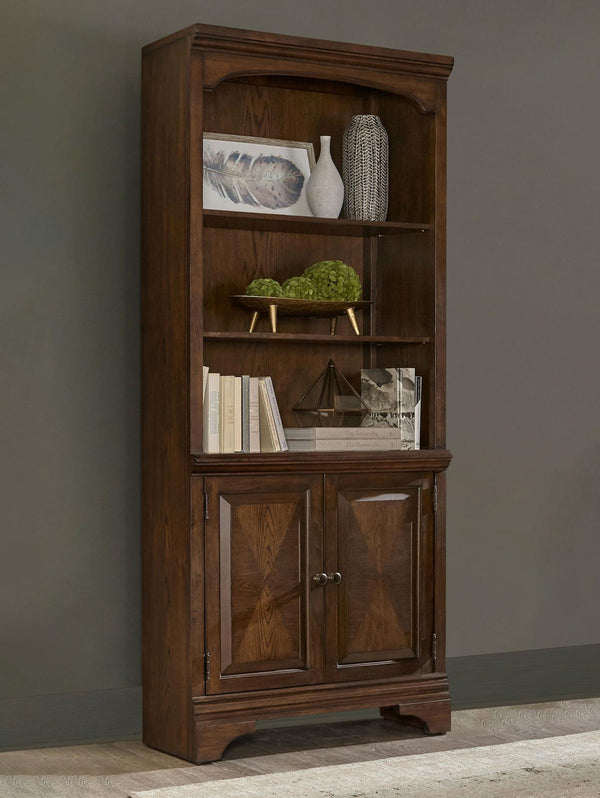 Hartshill Bookcase with Cabinet in Burnished Oak, front angle