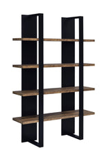 Side angle of Danbrook contemporary bookcase showing metal frame and extended shelves