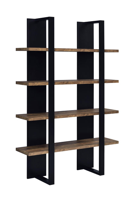Side angle of Danbrook contemporary bookcase showing metal frame and extended shelves