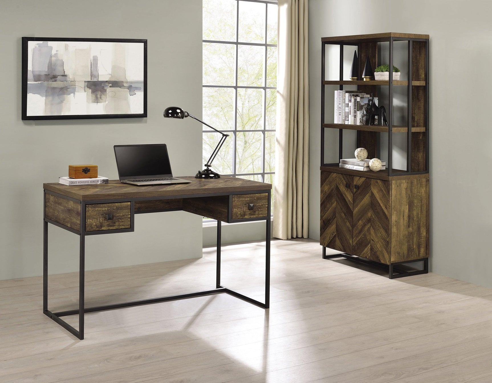 Side angle of Millbrook bookcase highlighting adjustable shelves and cabinet doors