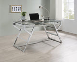 Detailed view of clear glass side panel on Emelle bookcase