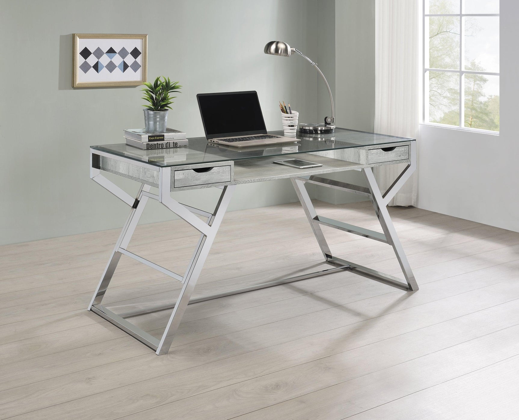 Detailed view of clear glass side panel on Emelle bookcase