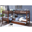 Rowe Dark Cherry Pine Veneer Corner Bunk Bed with assembled ladder and guard rails