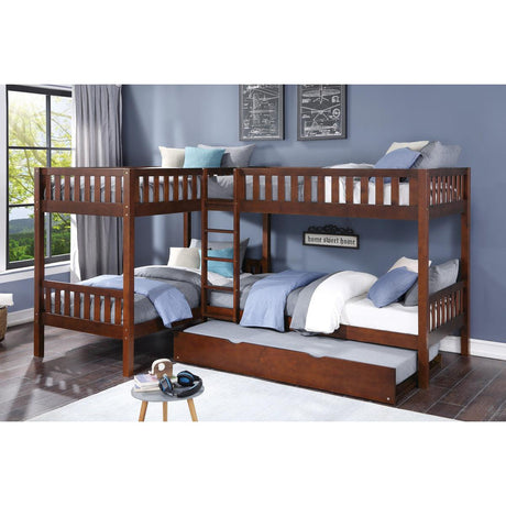 Rowe Dark Cherry Pine Veneer Corner Bunk Bed with assembled ladder and guard rails