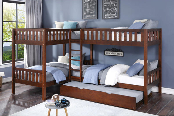 Rowe Dark Cherry Pine Veneer Corner Bunk Bed with assembled ladder and guard rails