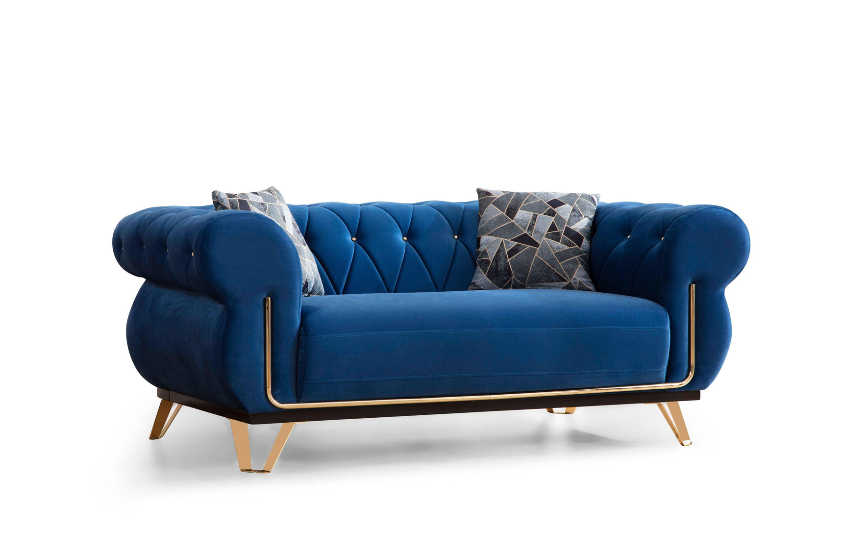 Top angle showing seating cushions and velvet fabric