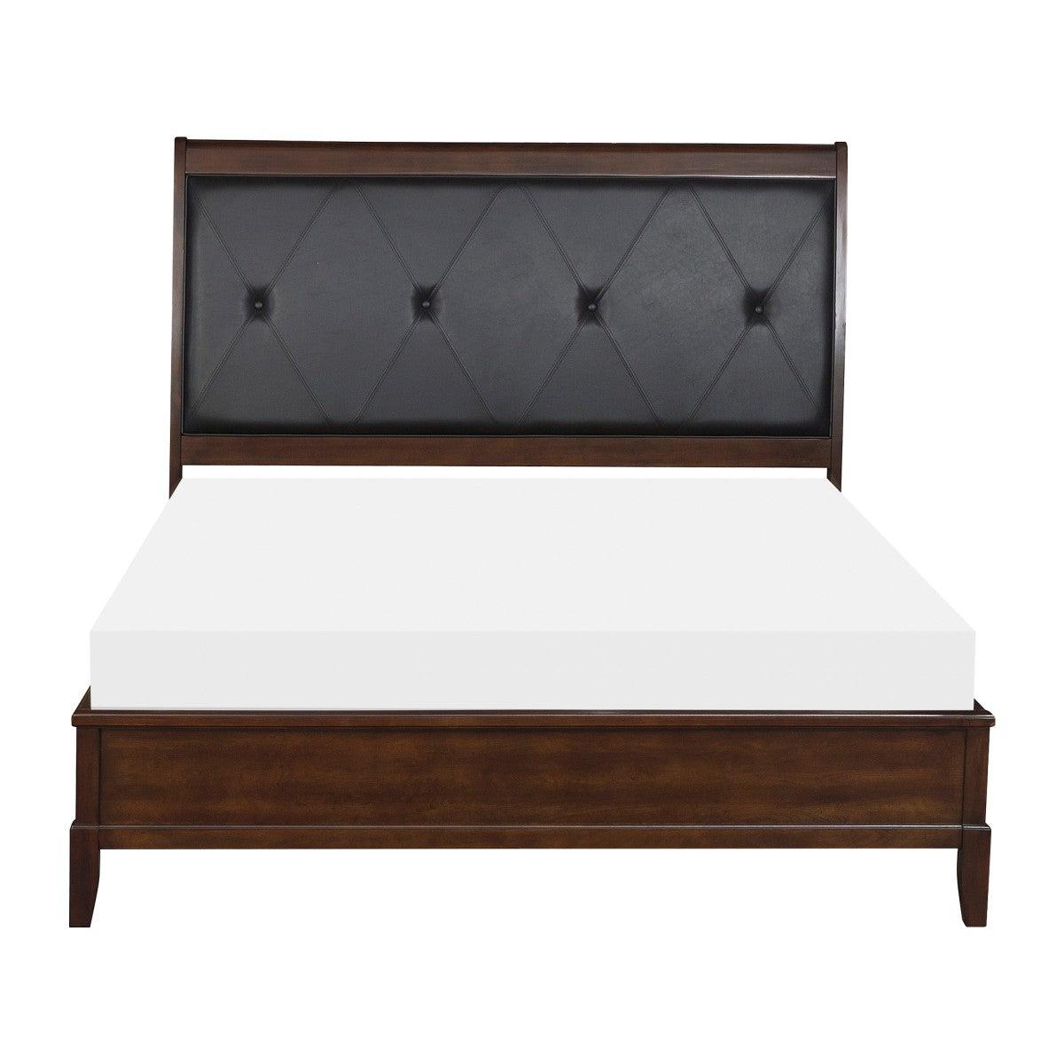 Cotterill dark cherry faux leather upholstered tufted queen panel bed, angled front view