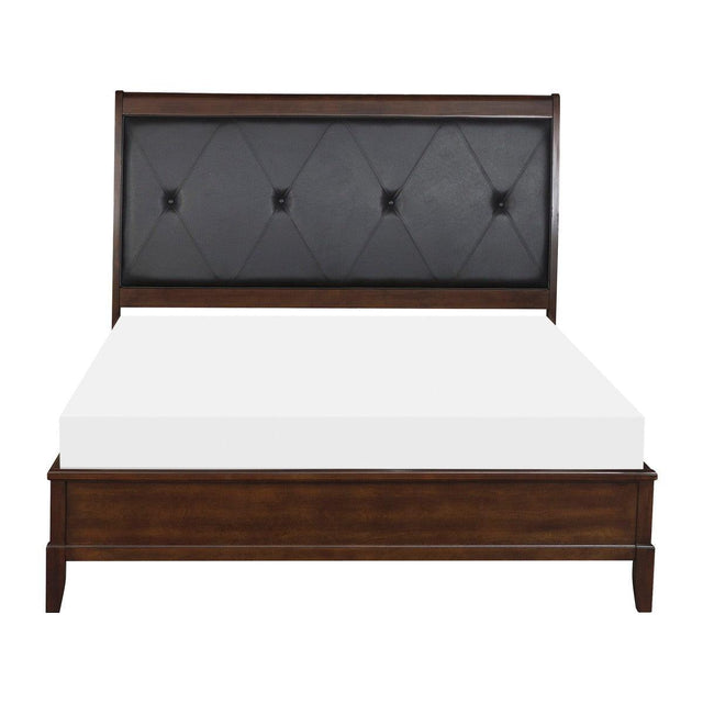 Cotterill dark cherry faux leather upholstered tufted queen panel bed, angled front view
