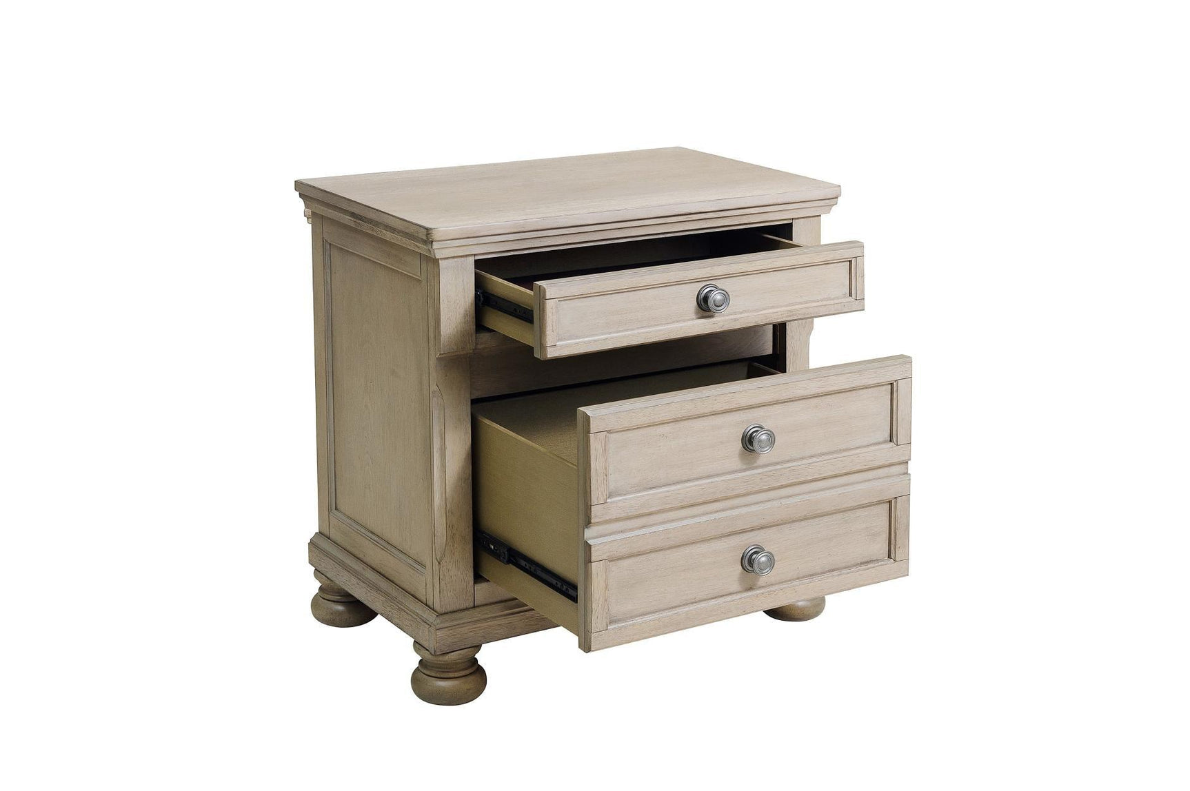 Side perspective of Bethel Gray panel storage bed