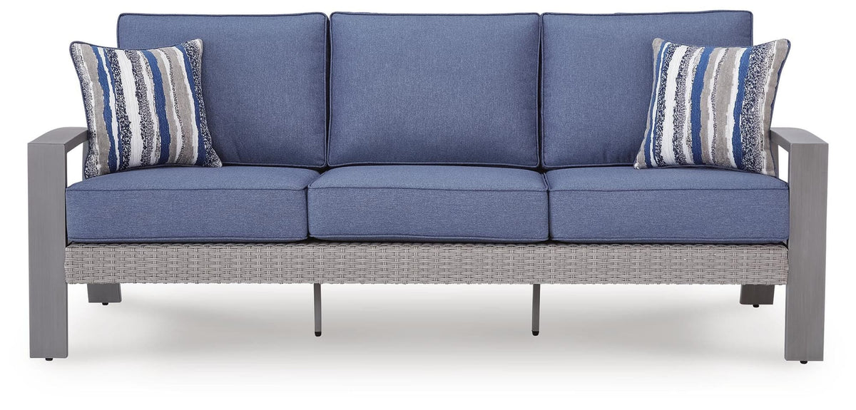 Half Blue/Gray Moon Beach Outdoor Sofa with 2 Lounge Chairs — front view