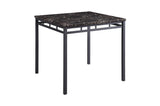 close-up of dining table faux marble top and metal base