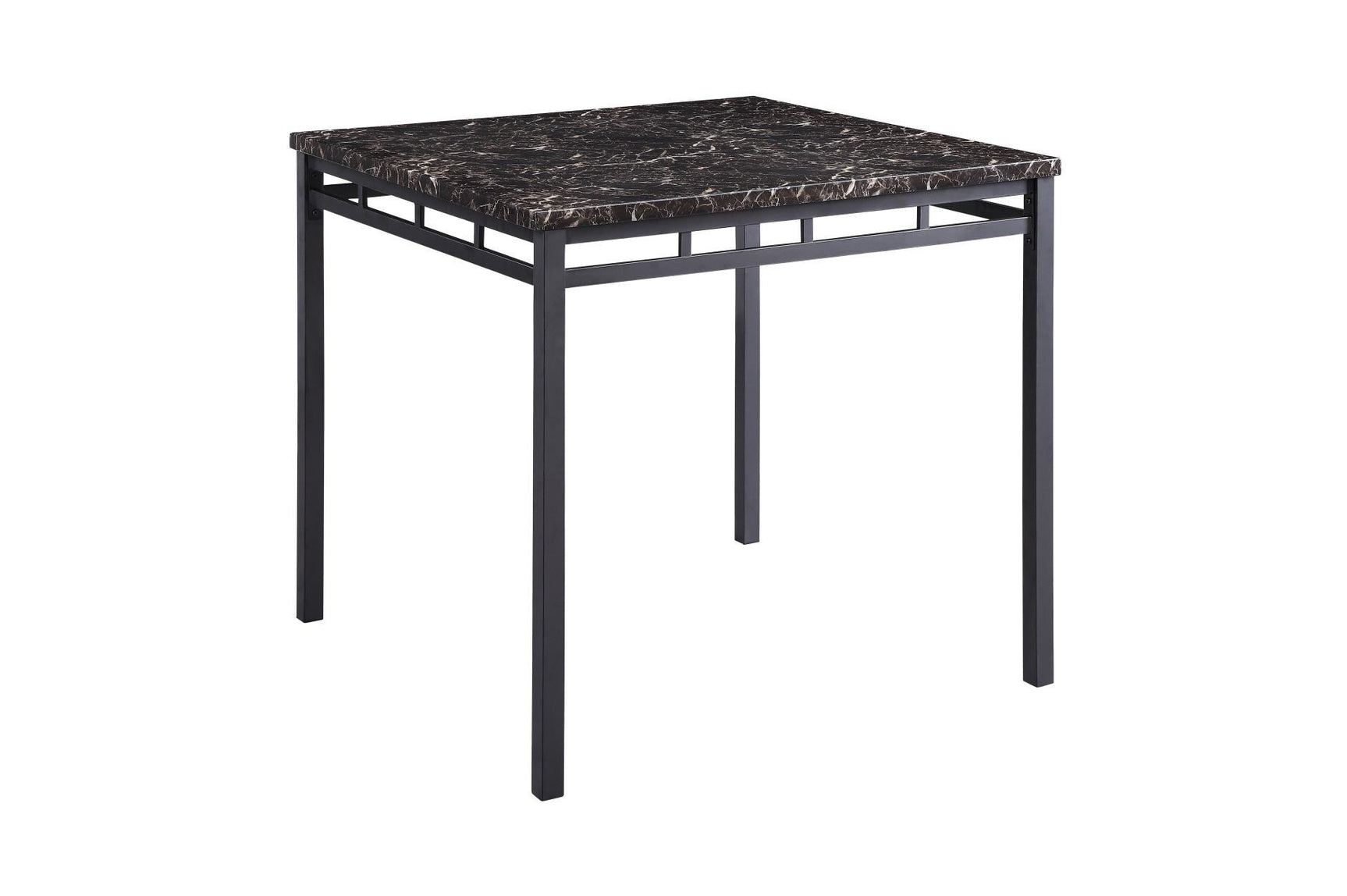 close-up of dining table faux marble top and metal base