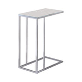 Close-up of chrome metal base and white tempered glass top of Stella Accent Table