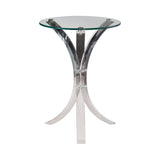 Side angle of Emmett Clear Round Accent Table showing acrylic tripod base