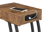 Close-up of antique nutmeg tabletop with integrated power outlets and USB ports