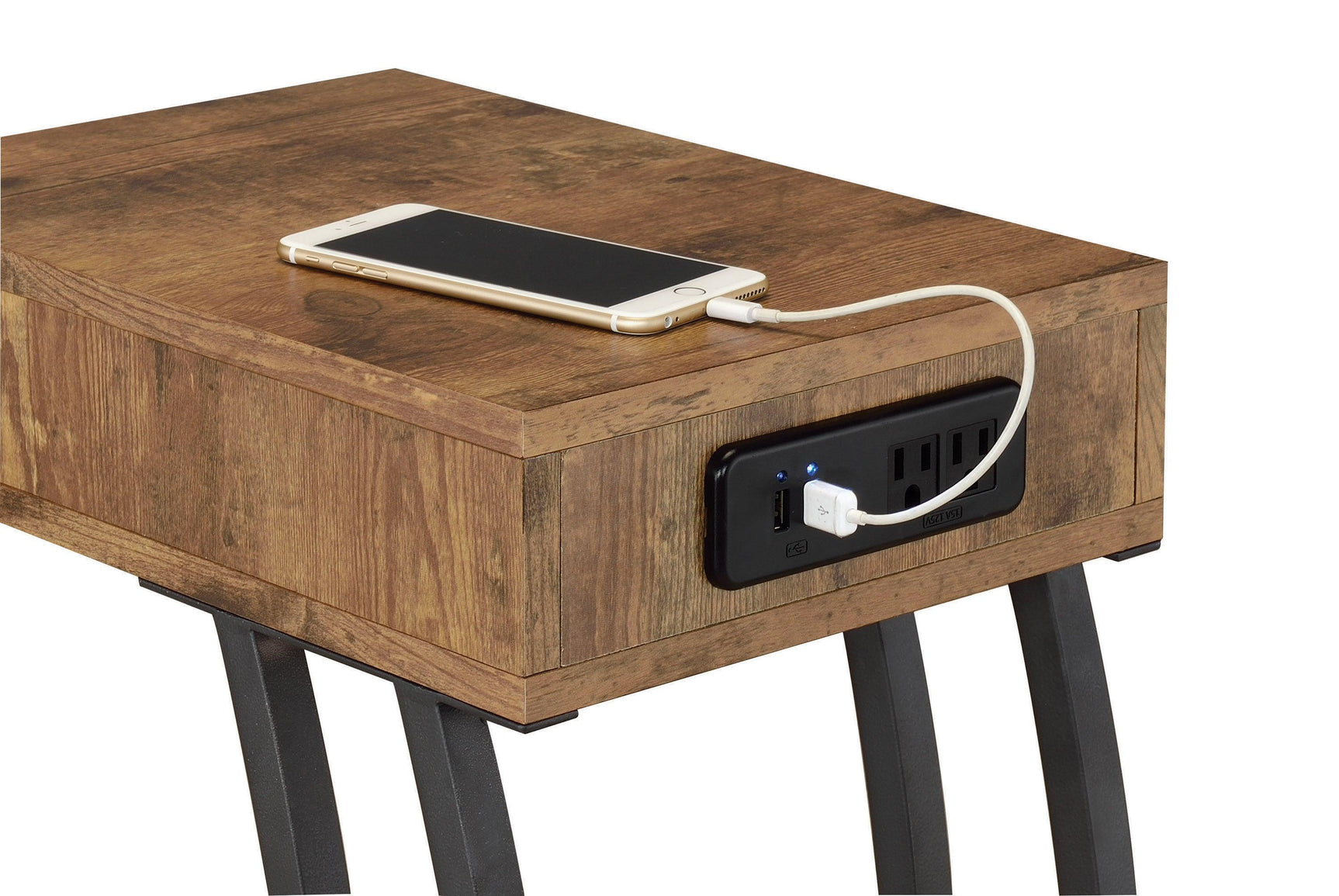 Close-up of antique nutmeg tabletop with integrated power outlets and USB ports