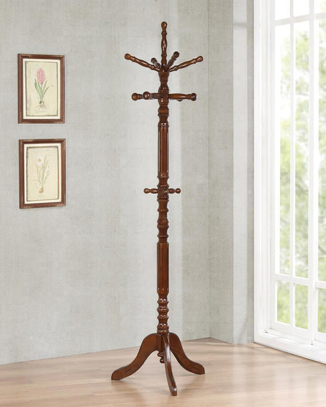 Tabacco Brown Coat Rack front view showing 11 hooks and shelves