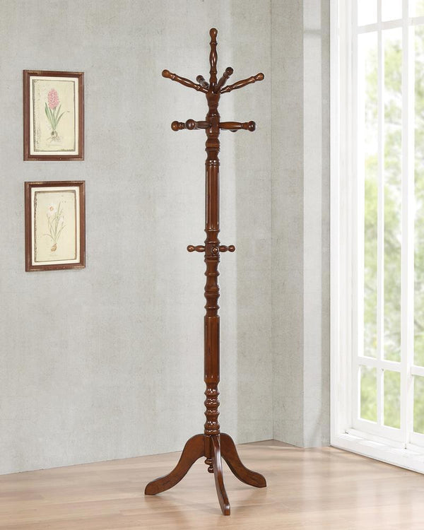 Tabacco Brown Coat Rack front view showing 11 hooks and shelves