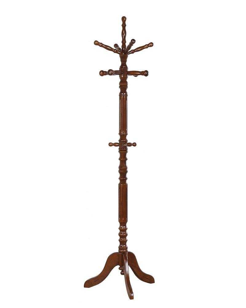 Tabacco Brown Coat Rack side angle with ornate design and storage shelves
