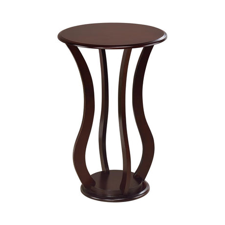 Side view of espresso cherry wood plant stand with rounded top