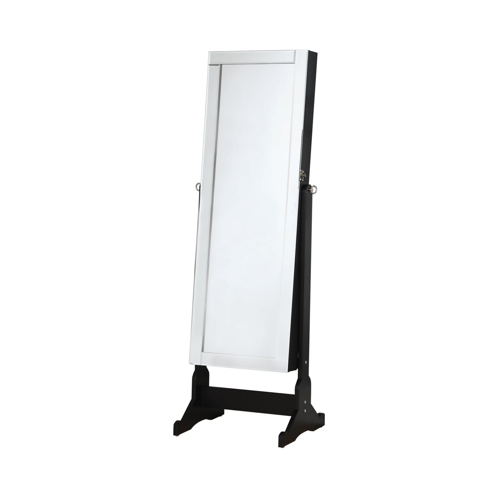 Close-up of black beveled cheval mirror and jewelry compartments