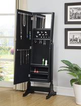 Cortez Black Jewelry Storage Cheval Mirror open showing jewelry storage