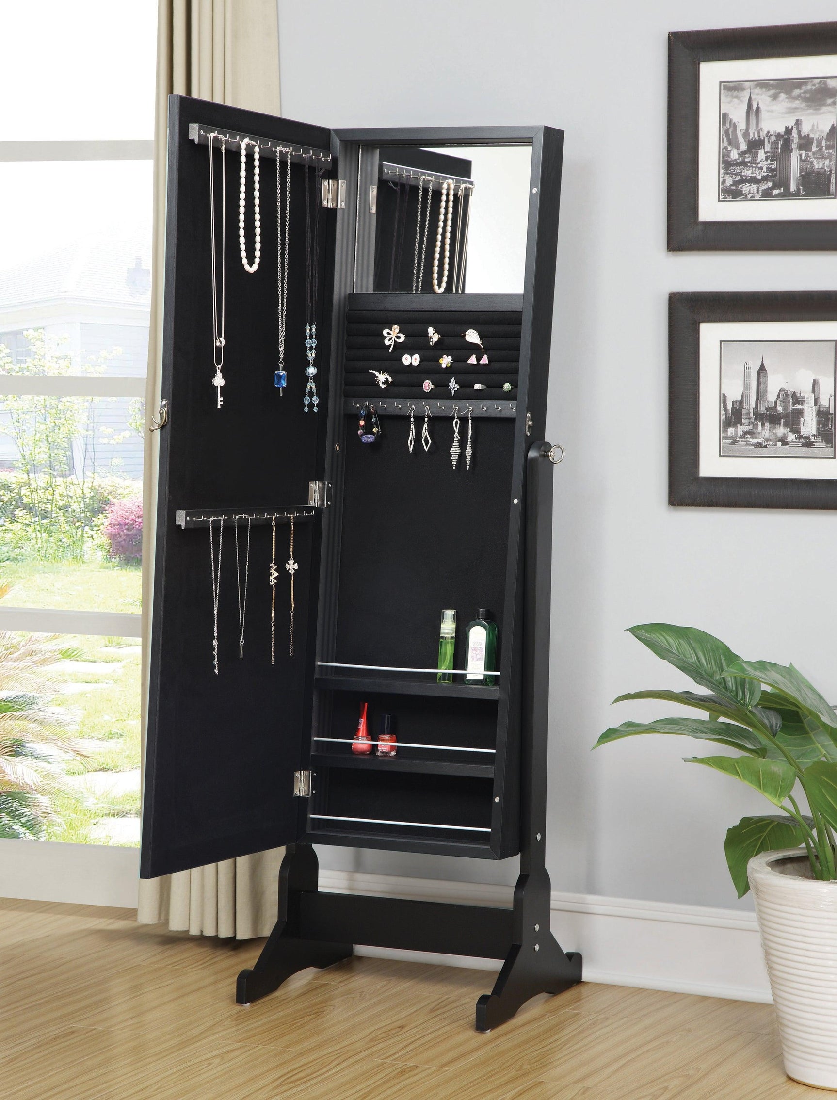 Cortez Black Jewelry Storage Cheval Mirror open showing jewelry storage