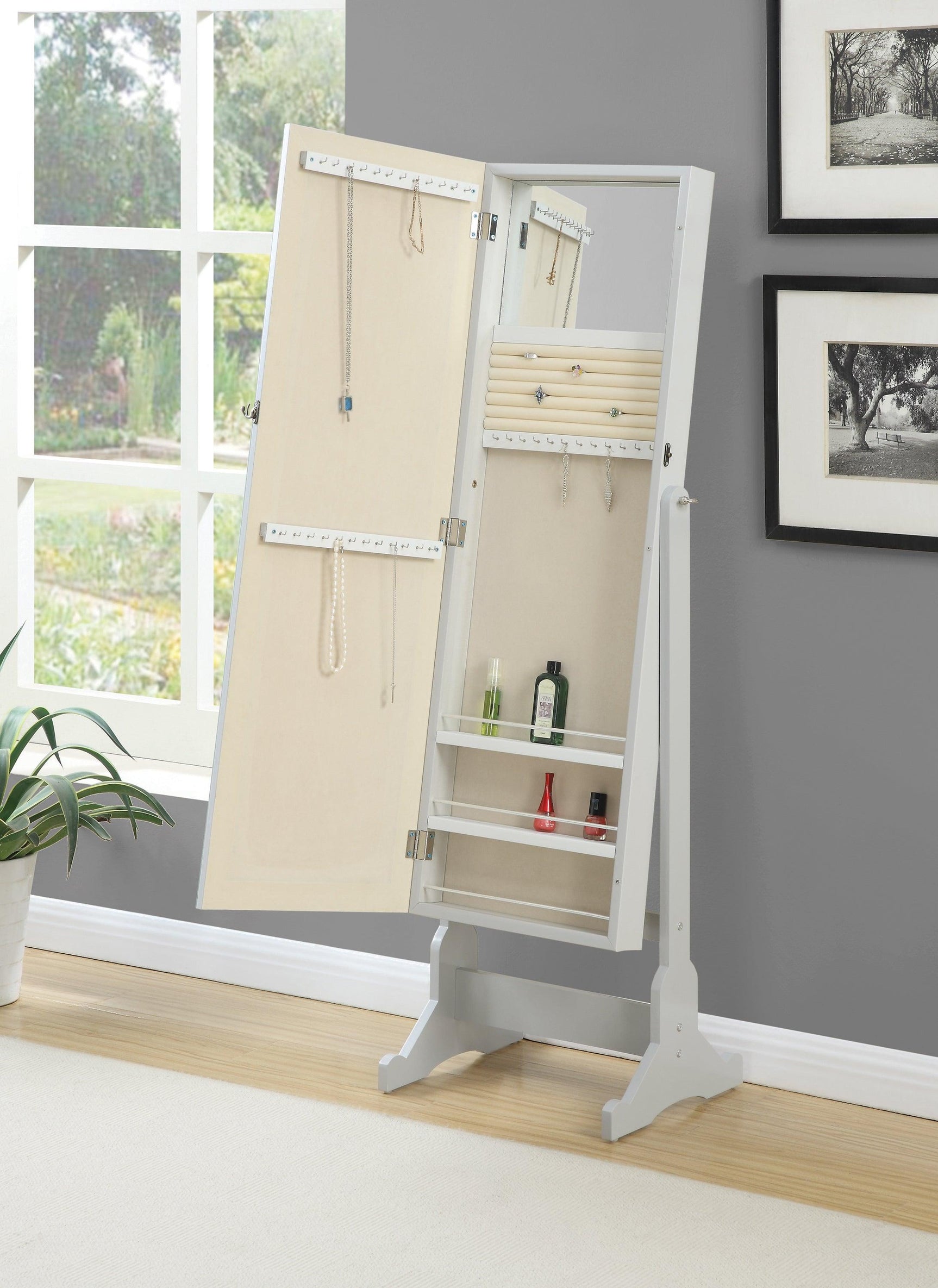 Yvonne Dove Grey Jewelry Cheval Mirror open with jewelry storage