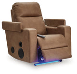 Lorrenton caramel faux leather power glider recliner angled front view