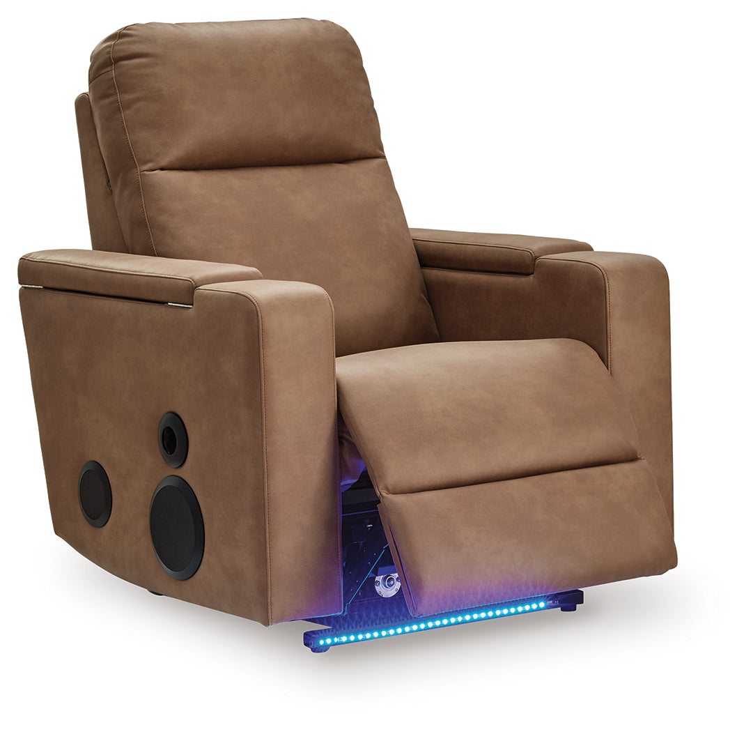Reclined position of Lorrenton caramel faux leather power glider recliner