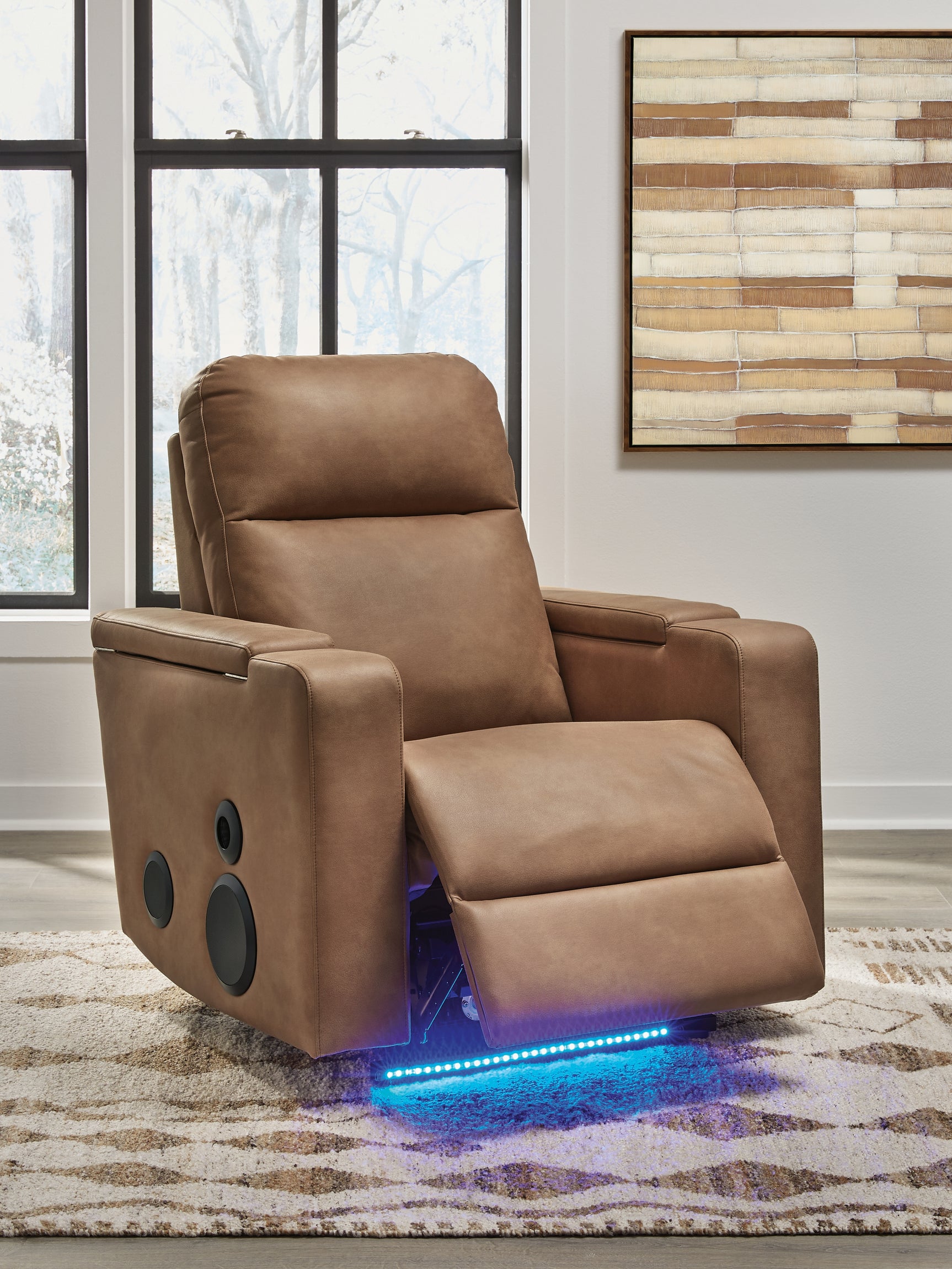 Reclining position with LED lights on Lorrenton caramel faux leather power glider recliner