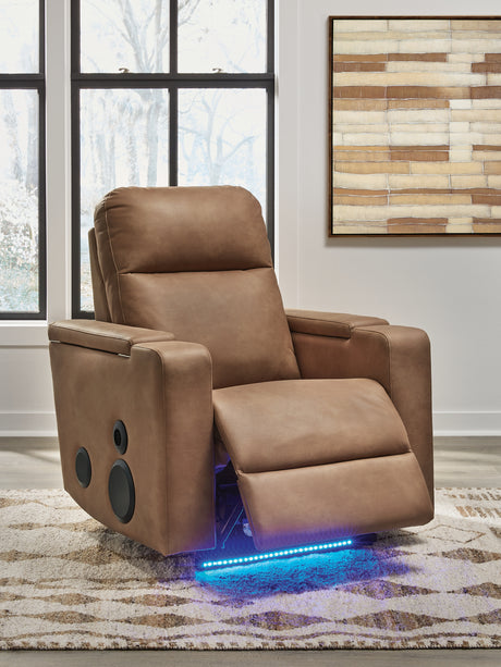 Reclining position with LED lights on Lorrenton caramel faux leather power glider recliner