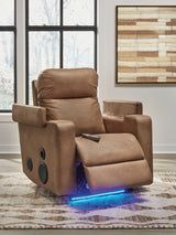 Main view showing power control on Lorrenton caramel faux leather power glider recliner