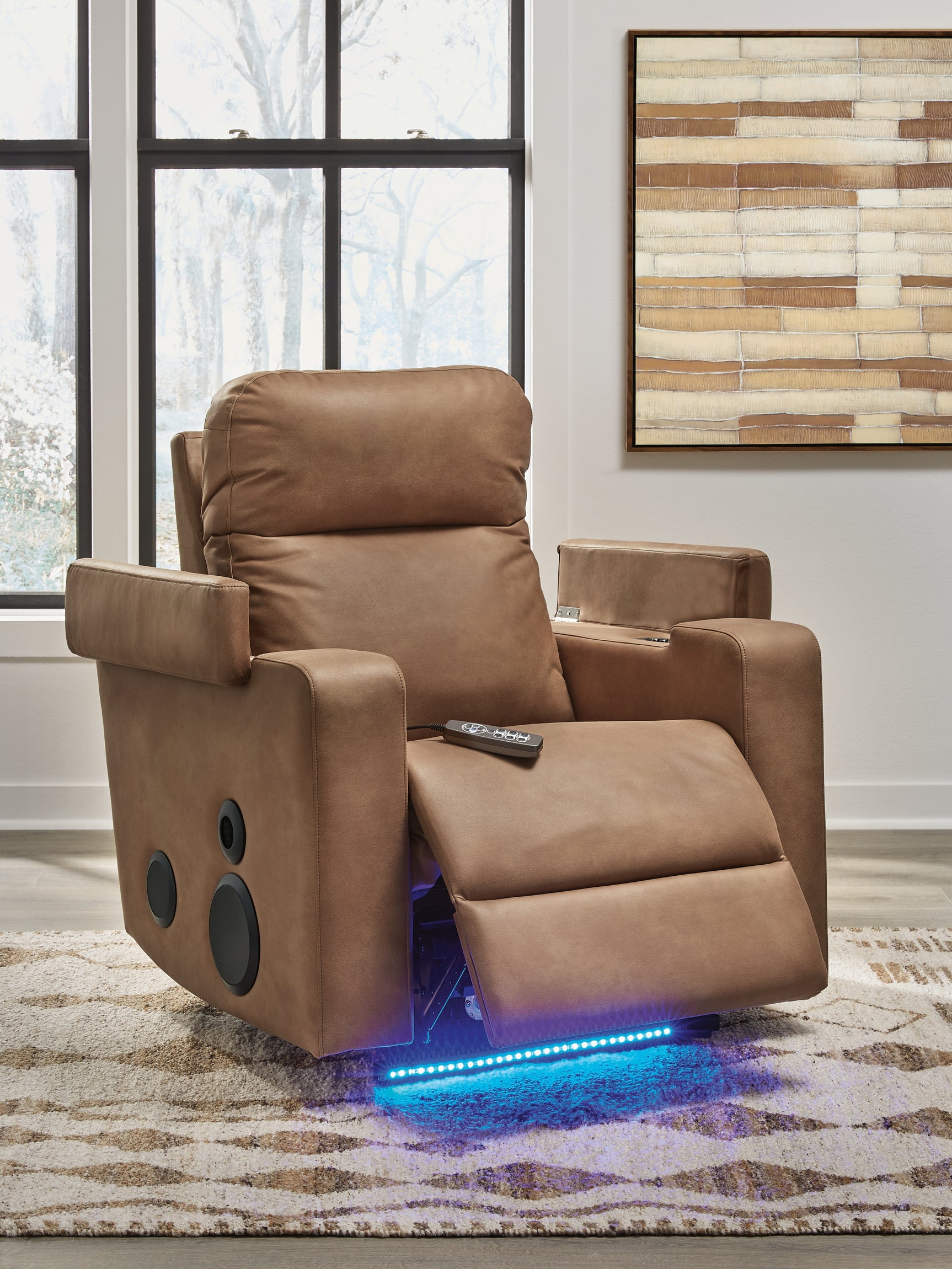 Main view showing power control on Lorrenton caramel faux leather power glider recliner