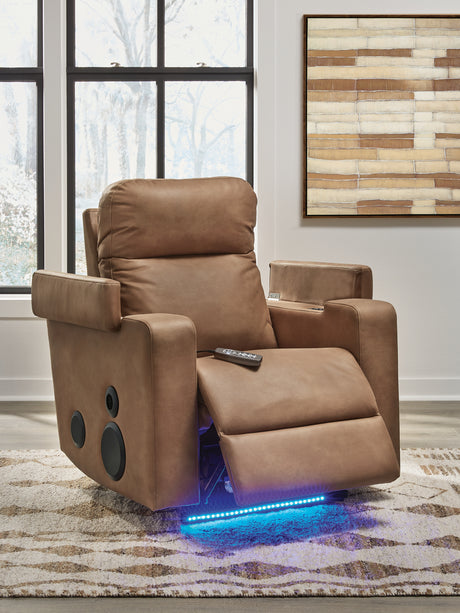 Main view showing power control on Lorrenton caramel faux leather power glider recliner