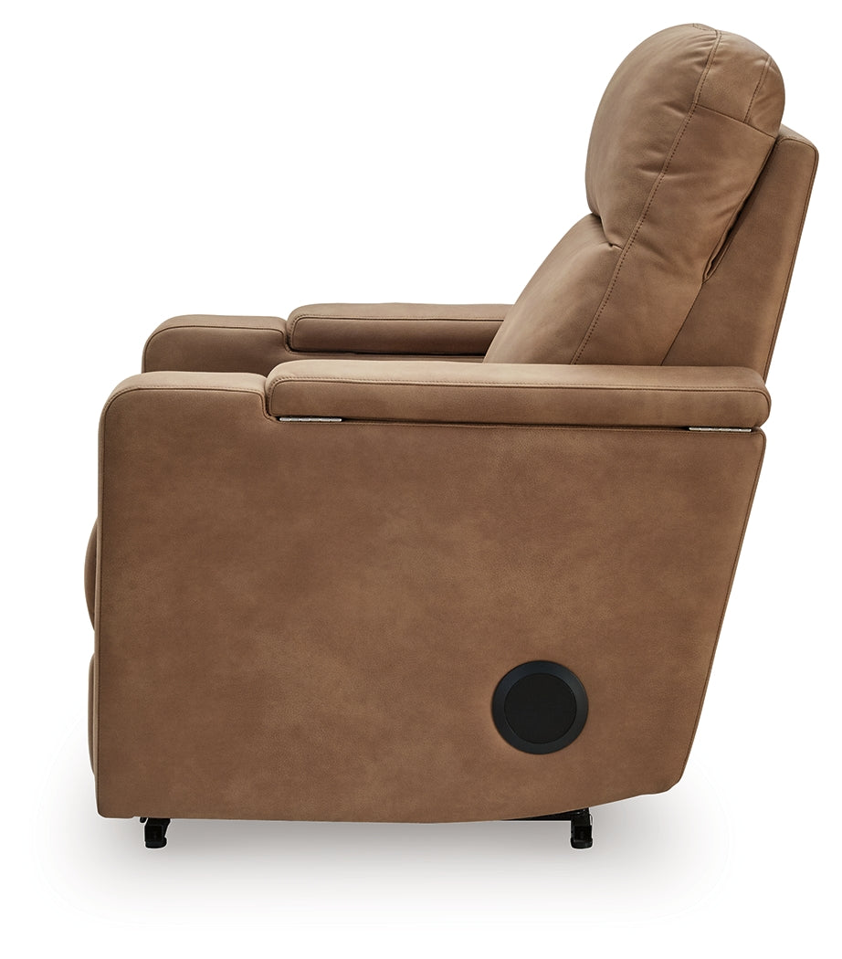 Alternate side view of Lorrenton caramel faux leather power glider recliner