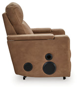 Close-up of reclining feature on Lorrenton caramel faux leather power glider recliner