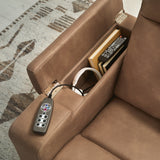 Arm and control wand detail on Lorrenton caramel faux leather power glider recliner