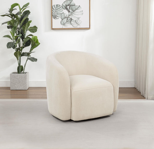 Side view of Gerley beige chenille swivel accent chair