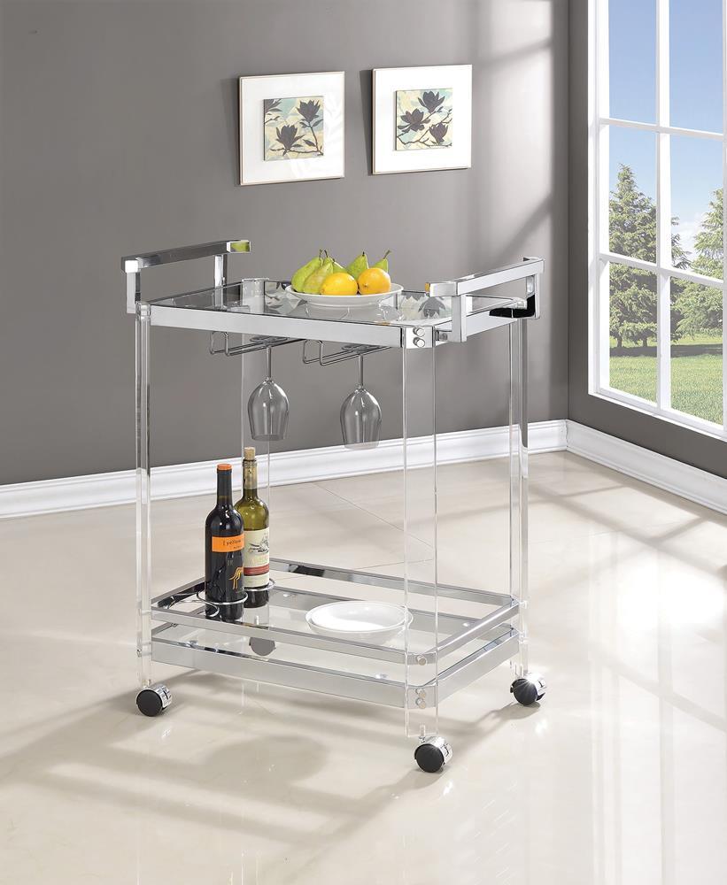 Jefferson 2-tier chrome bar cart with glass shelves front view
