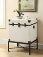 Front view of Nancy white accent cabinet with nailhead trim and metal legs