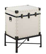 Angled side view of Nancy white accent cabinet showing nailhead trim and storage area