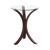 Side view of Edgar Round Accent Table in cappuccino finish
