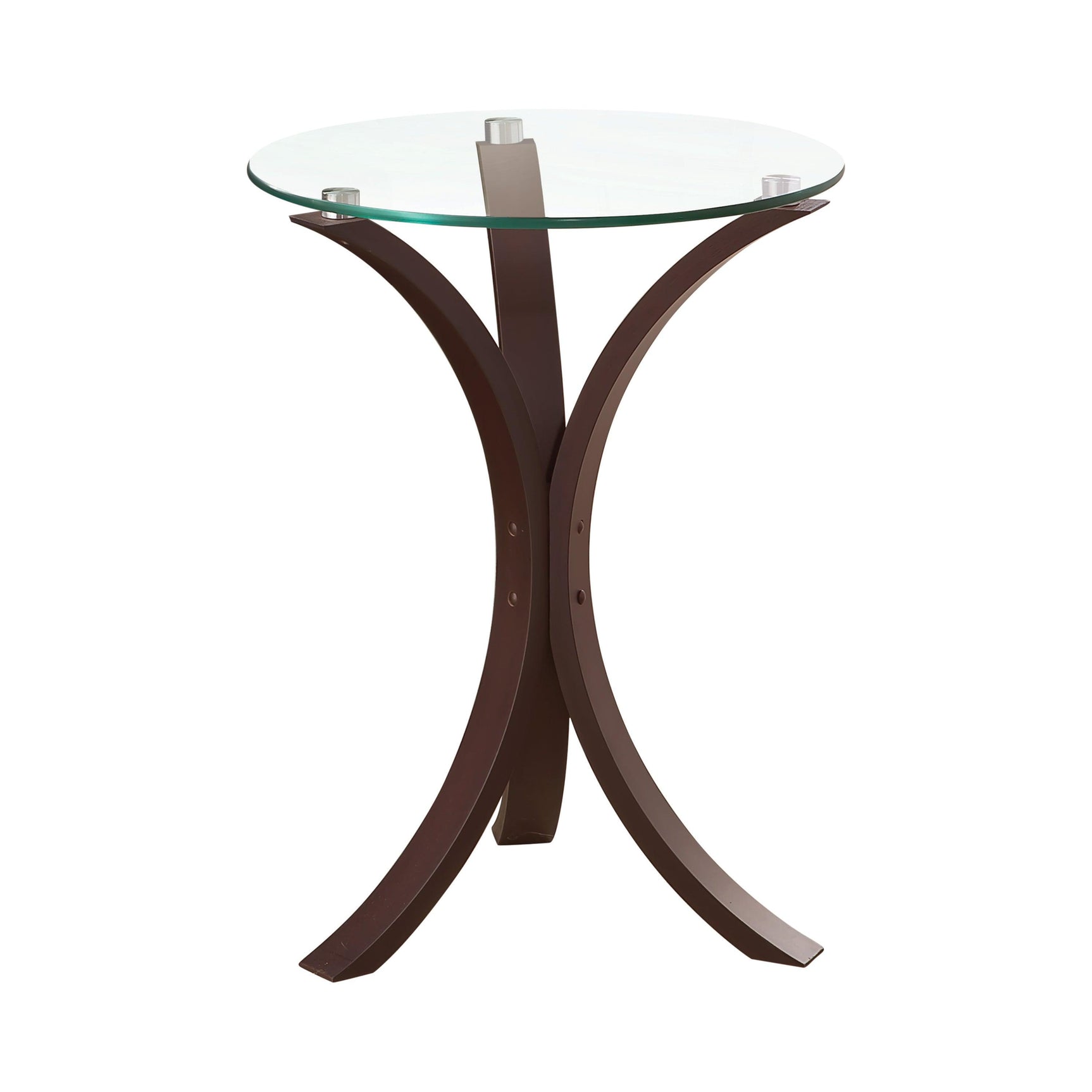 Side view of Edgar Round Accent Table in cappuccino finish