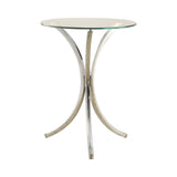 Eloise round accent table side angle showing chrome metal curved legs