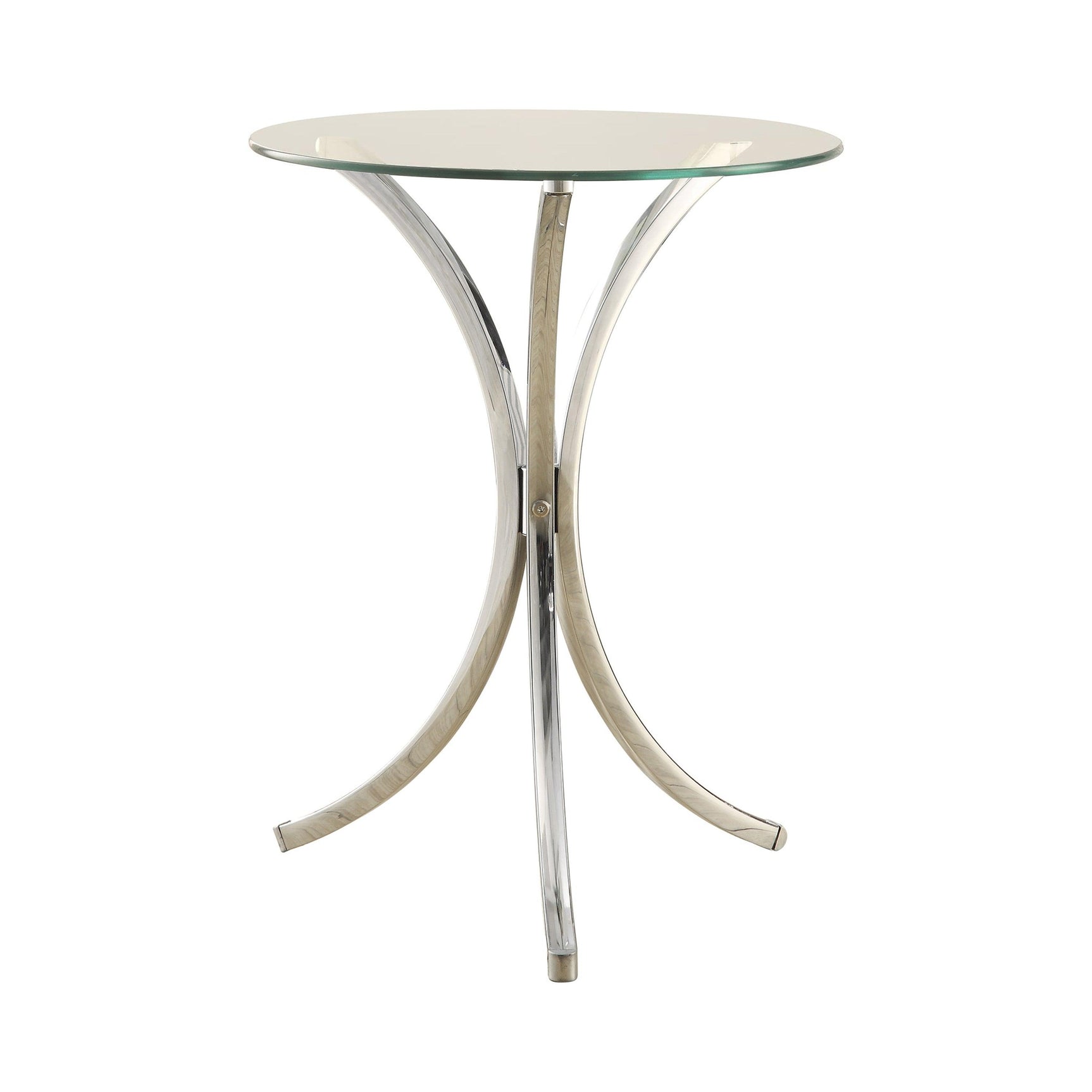 Eloise round accent table side angle showing chrome metal curved legs