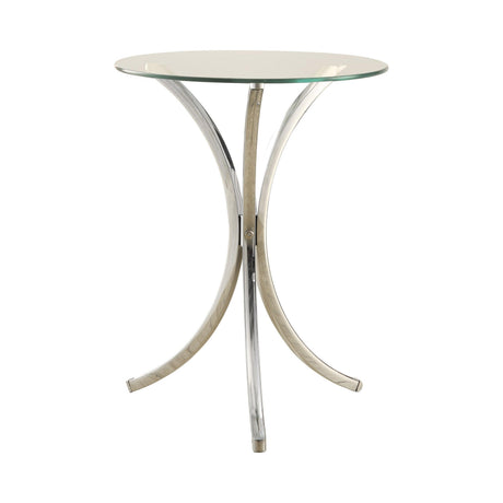 Eloise round accent table side angle showing chrome metal curved legs