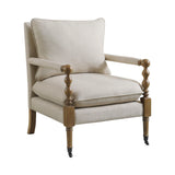 Front view of Monaghan beige upholstered accent chair with plush cushions