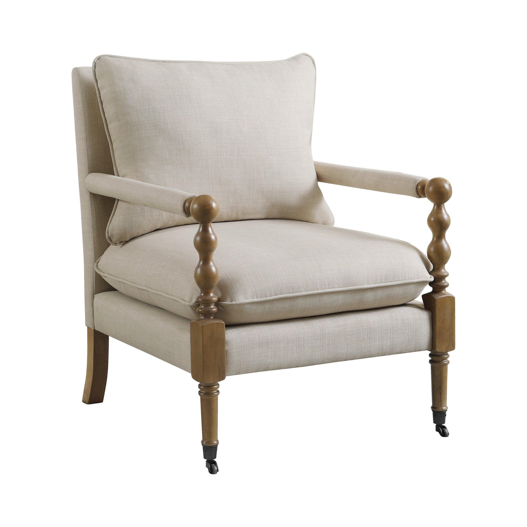 Front view of Monaghan beige upholstered accent chair with plush cushions