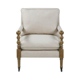 Close-up of beige upholstery and dark oak wood frame on Monaghan chair